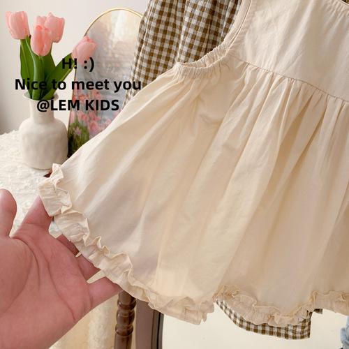 Korean Children's Summer  New Girls' Stylish Lace Camisole Dress Top and 8-Piece Grid Pants Two-Piece Set