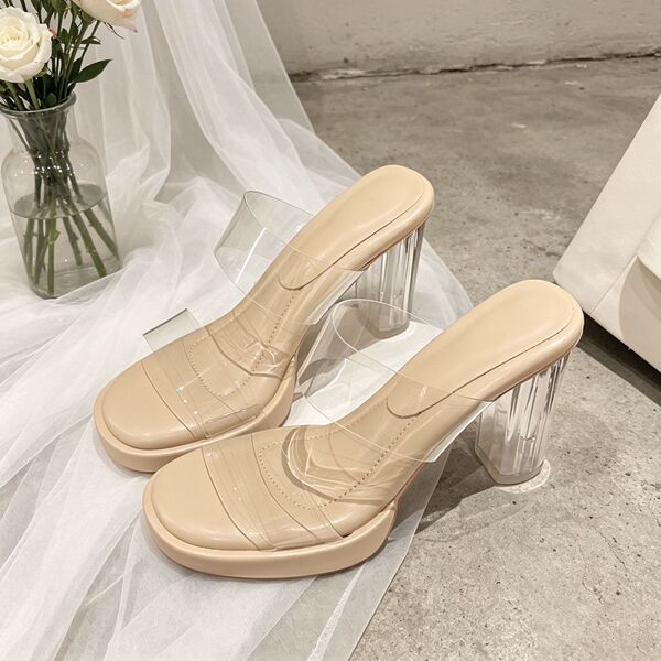 夏季外穿水晶跟高跟鞋女2025年新款防水台一字透明带粗跟凉鞋批发
