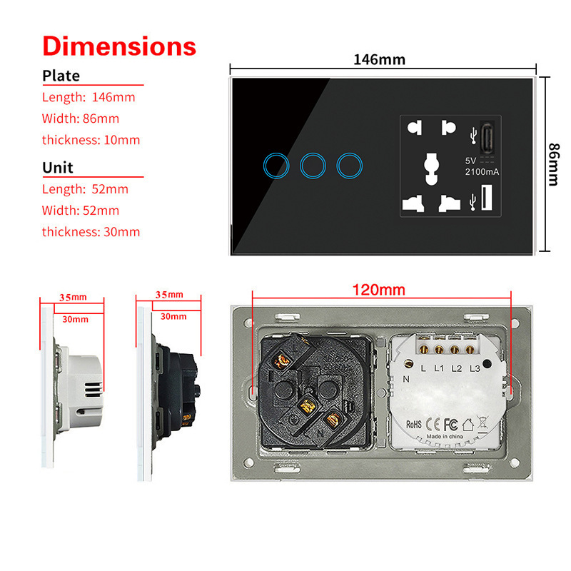 147智能插座涂鸦WiFi开关触摸面板带USB语音控制遥控器