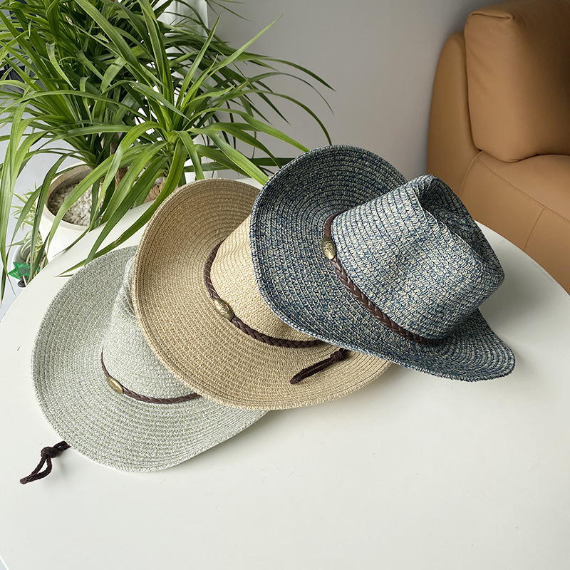 Sombrero de sol vintage para parejas, de paja, estilo británico, para exteriores, estilo vaquero, de ala ancha, plegable, con protección solar, adecuado para el verano, para mujeres y hombres._voghion.com