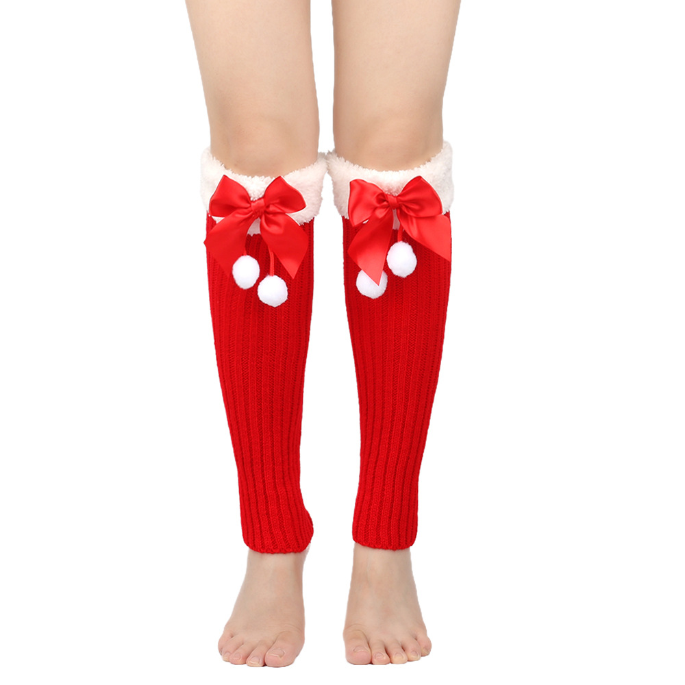 Filato con nodo a farfalla con calze di Natale di peluche per donna, calzini caldi in pile lavorato a maglia, protezioni per le gambe, calzini di lana per la bocca_voghion.com