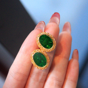 Natural A Jade Dry Green Big Egg Face Ear Buckle s925 Sterling Silver Gold-plated Inlay Retro New Chinese Style Ear Accessories for Women