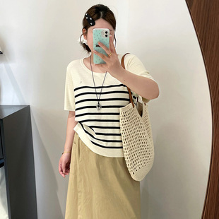 plus size Women's Round Neck Striped Shirt Women's Slim Top 2025 Summer chubby girl Loose Meat Covering Short Sleeve T-shirt Women's 22996