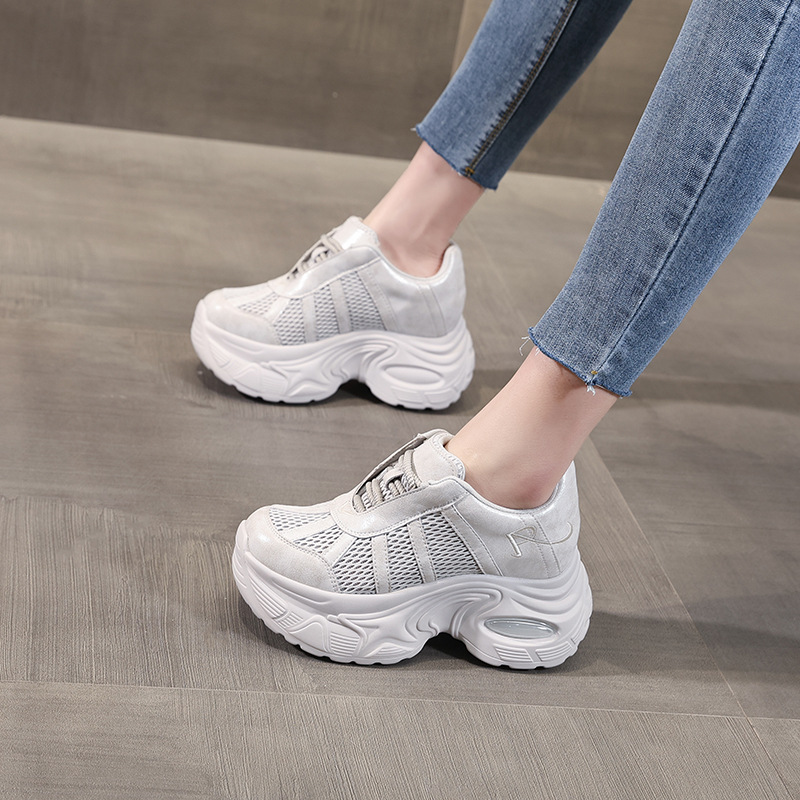 Giày sneaker chunky nữ đế dày tăng chiều cao mặt lưới thoáng khí — màu be