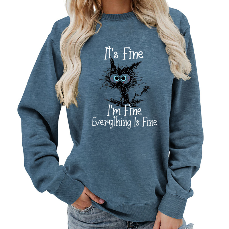 Everything Is Fine Cat Print Round Neck Women's Top Sweatshirt Autumn and Winter Amazon Supply Casual