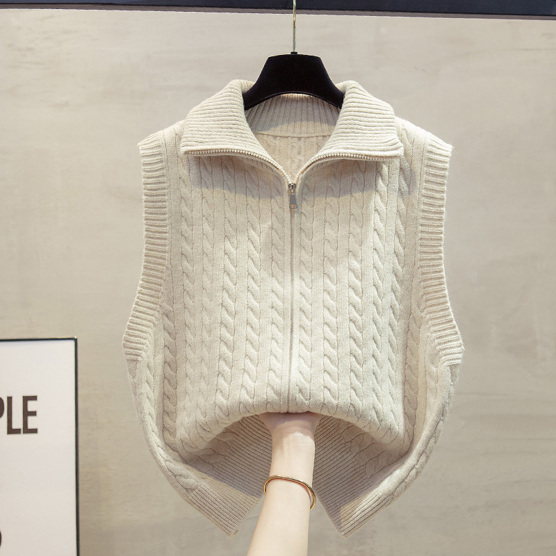 Twist Pattern High-Neck Zip-Up Knitted Cardigan Vest Sweater for Women 2026 Spring and Autumn New Loose Fit Outerwear Trendy