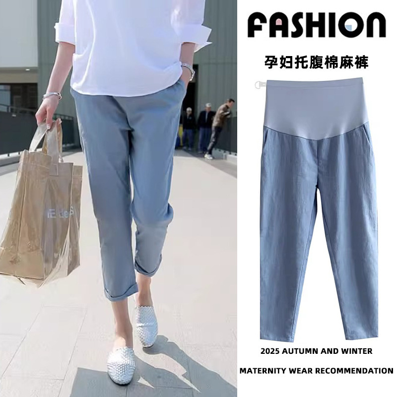 Pregnant Women's Pants Spring and Summer Thin Trendy Mom's Wide-leg Cropped Pants for Outer Wear for Small Women's Loose Slimming Straight Pants for Women