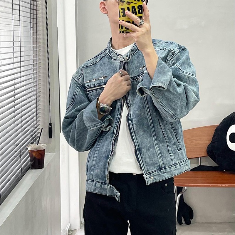 Streetwear-Jeansjacke mit lässigem Waschschnitt, coole und robuste Motorradjacke_voghion.com