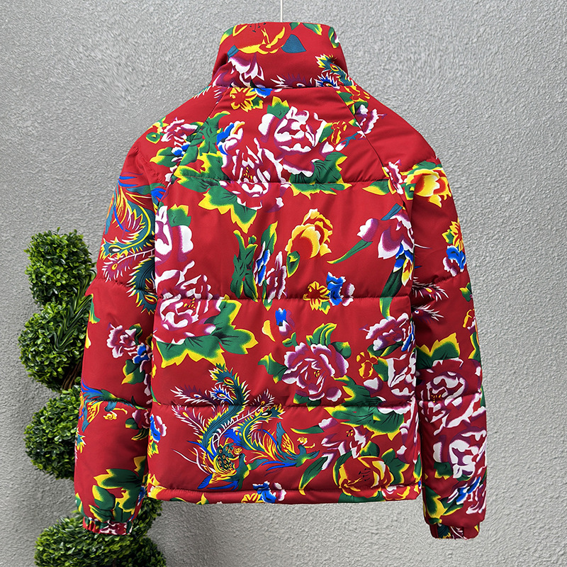 Trendy red jacket, Northeast large flower cotton coat, men's personalized warm floral print, bread coat jacket_voghion.com