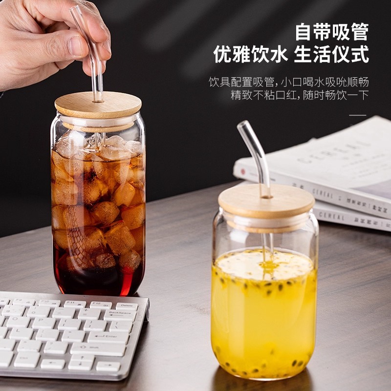 Taza de vidrio rojo neto con cubierta de bambú con paja taza de café Coca-Cola taza de jugo de fruta de alto valor facial taza de bebida de borosilicano de alto valor
