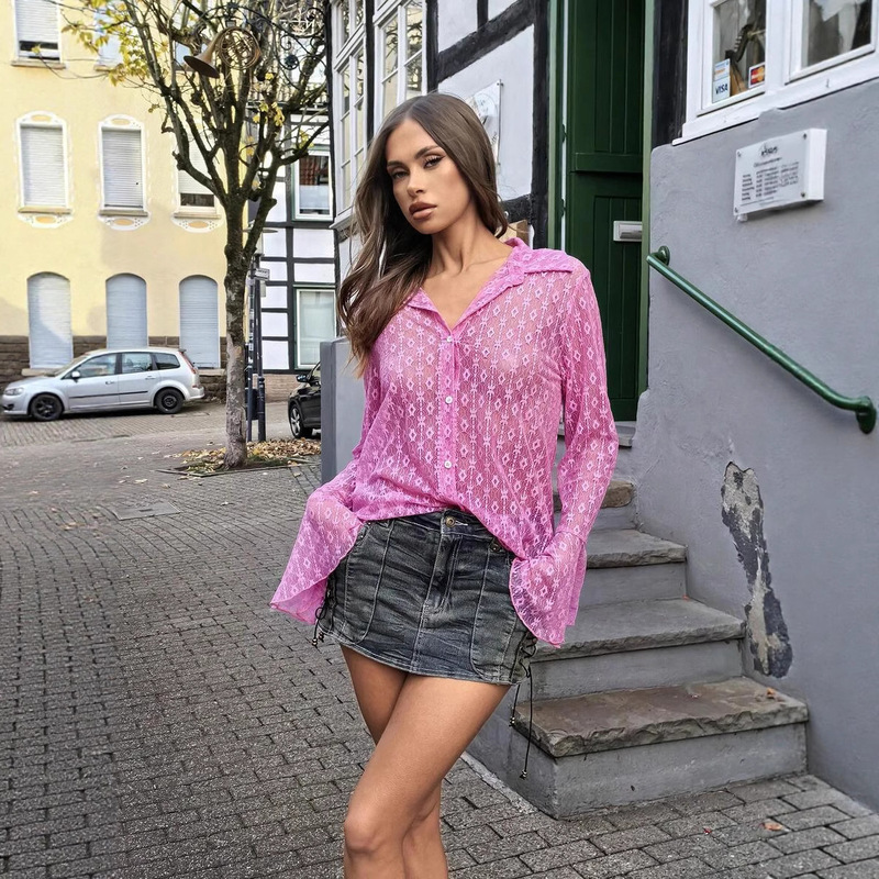 European and American Cross-Border 2026 Spring New Women's Mesh Button Bell Sleeve Long-Sleeved Top Shirt European and American Cross-Border 2026 Spring New Women's Mesh Button Bell Sleeve Long-Sleeved Top Shirt