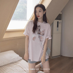 VNOOK  印花白色短袖t恤女2025新款夏季宽松圆领落肩针织半袖上衣