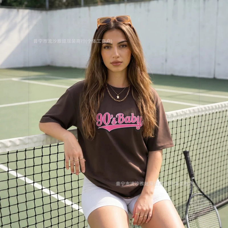 100% pure cotton short-sleeve T-shirt, American sweet and fun style, figure-flattering, 2026 girly pink letter print top, ins 100% pure cotton short-sleeve T-shirt, American sweet and fun style, figure-flattering, 2026 girly pink letter print top, ins