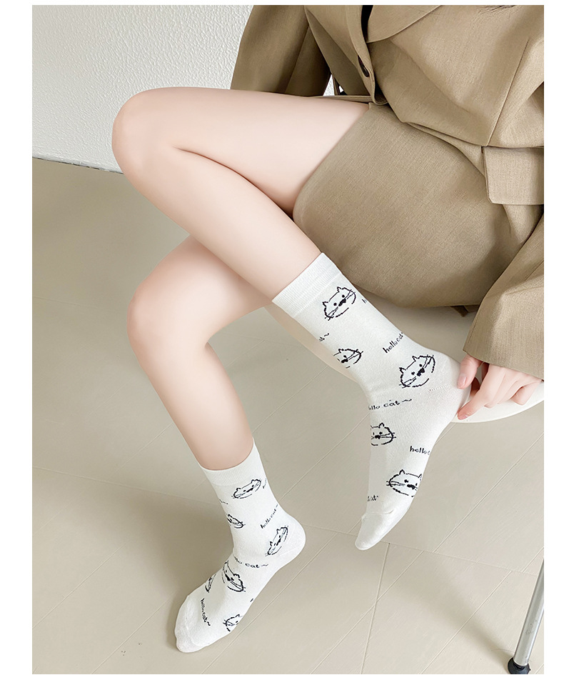 Non-Slip Function Cartoon, Cat Pattern Spring, Autumn Season A Pair Cute Sweet Korean Style Women's Cartoon Cat Cotton Crew Socks