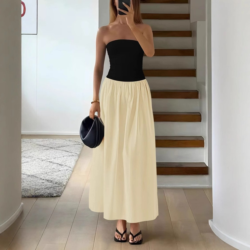 Amazon 2025 Spring and Summer Europe and the United States Cross-border Explosions Strapless Solid Color Strapless Waist Long Pleated dress Women