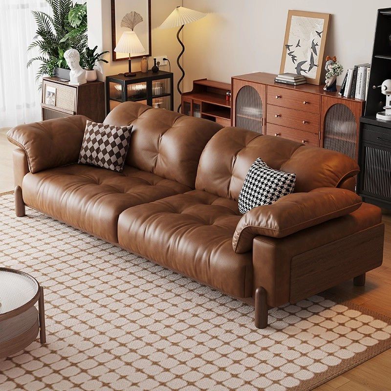 Genuine Leather Sofa Living Room Retro Style Small Apartment Caramel Color Oil Wax Leather Medieval Three-Seat Sofa Living Room Sofa