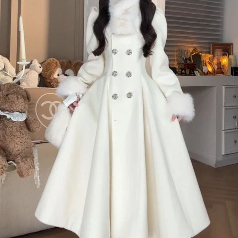 摆呢子毛呢大衣网红裙甜美毛领过膝气质正品爆款名媛大潮风衣外套