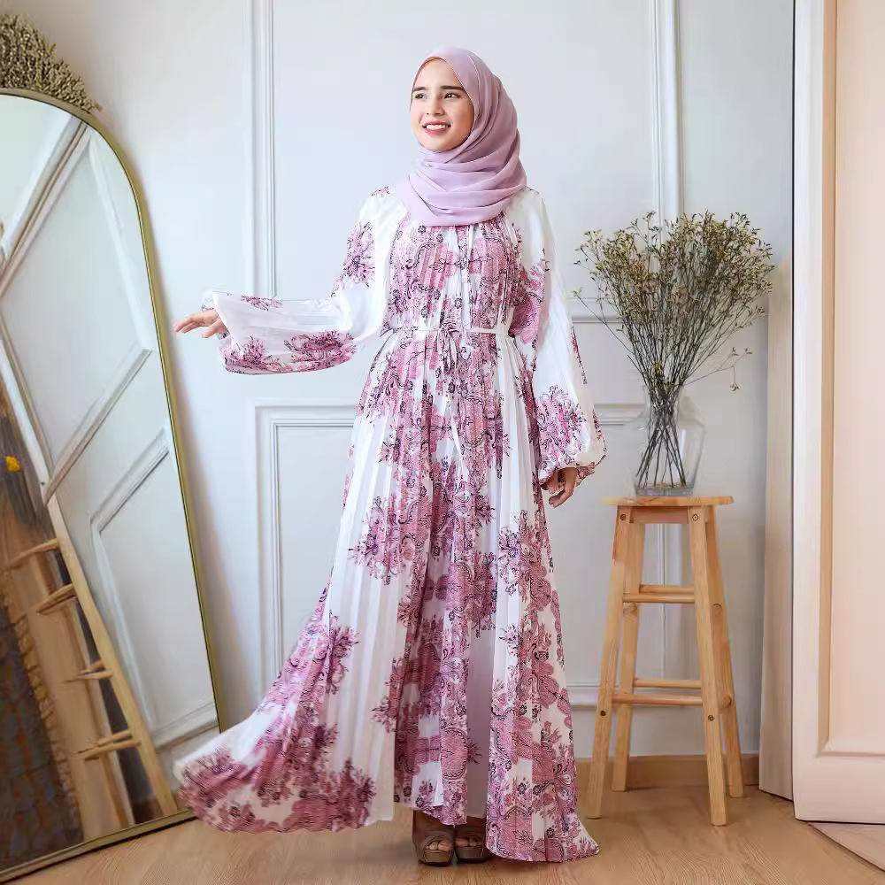 Middle East Muslim High-end Feminine Fashion With Lantern Sleeves, Printed Pleated Long Robe Dress_ecoleips.com