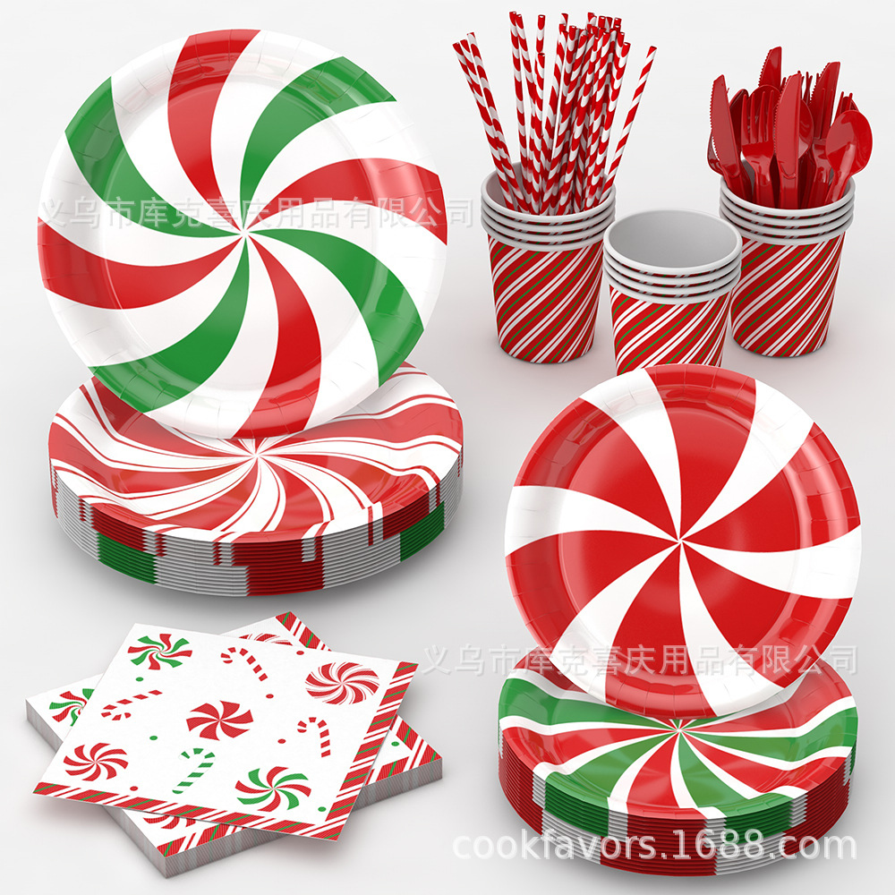Decoración de fiesta de Navidad transfronteriza Candy de Navidad bandeja de papel desechable toallas de papel tazas y cubiertos set