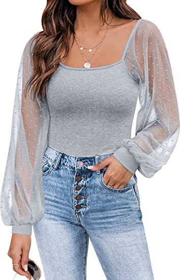 Top de Verano 2025 para Mujer, Estilo Europeo y Americano, Transparente, con Mangas Farol, Diseño de Parches, Ajustado