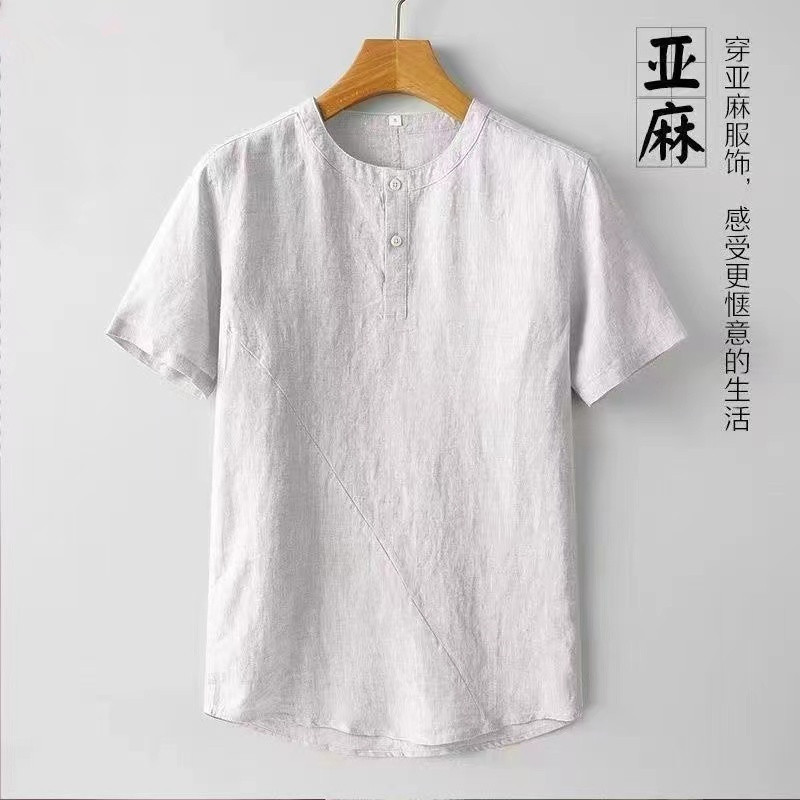 中国風紳士服リネン半袖シャツメンズ夏薄手カジュアルレトロ綿麻プルオーバー小襟シャツ|undefined