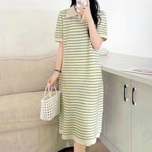 夏季新款舒适休闲Polo领撞色条纹修身连衣裙冰丝百搭中长款