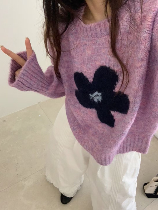 韩系花朵提花圆领毛衣女2025秋冬宽松洋气短款套头毛针织衫上衣潮|undefined