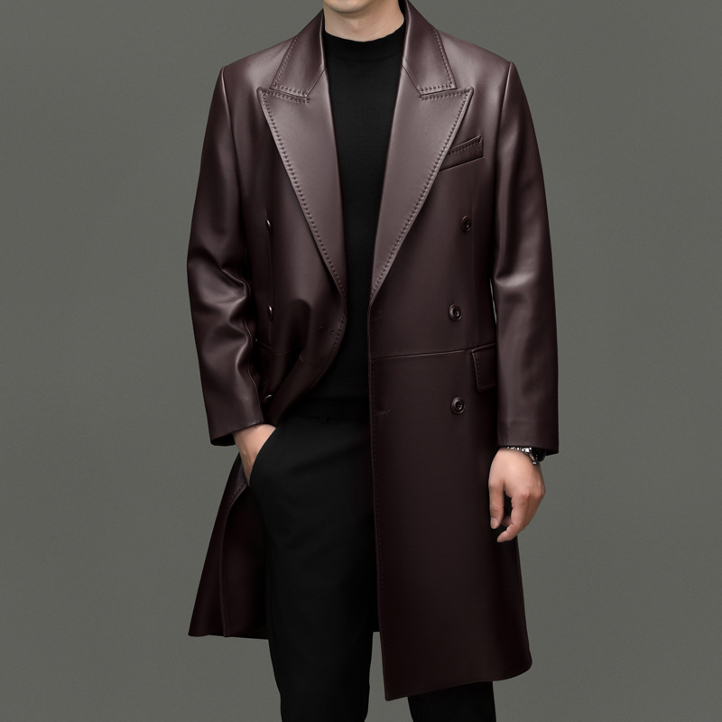 Genuine Leather Coat 2026 Autumn and Winter New Style Young Men's Long Fashion Double-Breasted Top-Layer Sheepskin Trench Coat