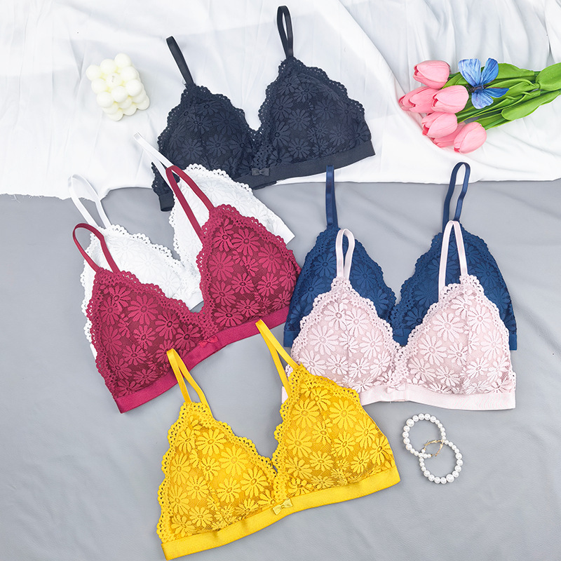 Bra de encaje sexy para mujeres desmontable tipo separación de taza triangular reunida sin anillo de acero ropa interior ropa interior dos piezas