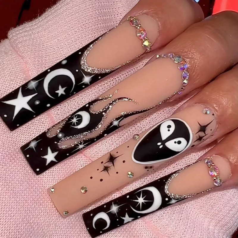 Wear Armor Super Long Square Black French Star Moon Alien Flame Glitter Manicure Patch Cross-border False Nails