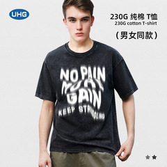 UHG純棉大碼短袖上衣亞馬遜夏季新款230g炒雪花水洗做舊印花t恤衫
