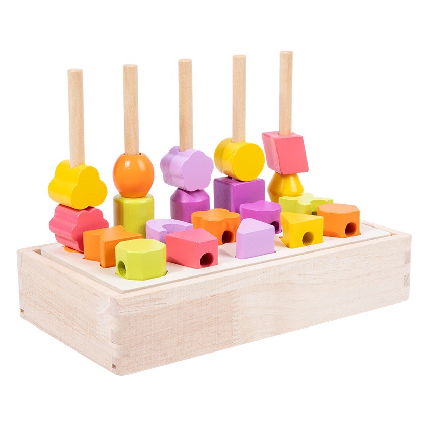 Forma de figura geométrica de madera para niños que coincide con la cognición del color Iluminación con cuentas de cinco columnas conjunto de bloques de construcción de columnas juguetes educativos