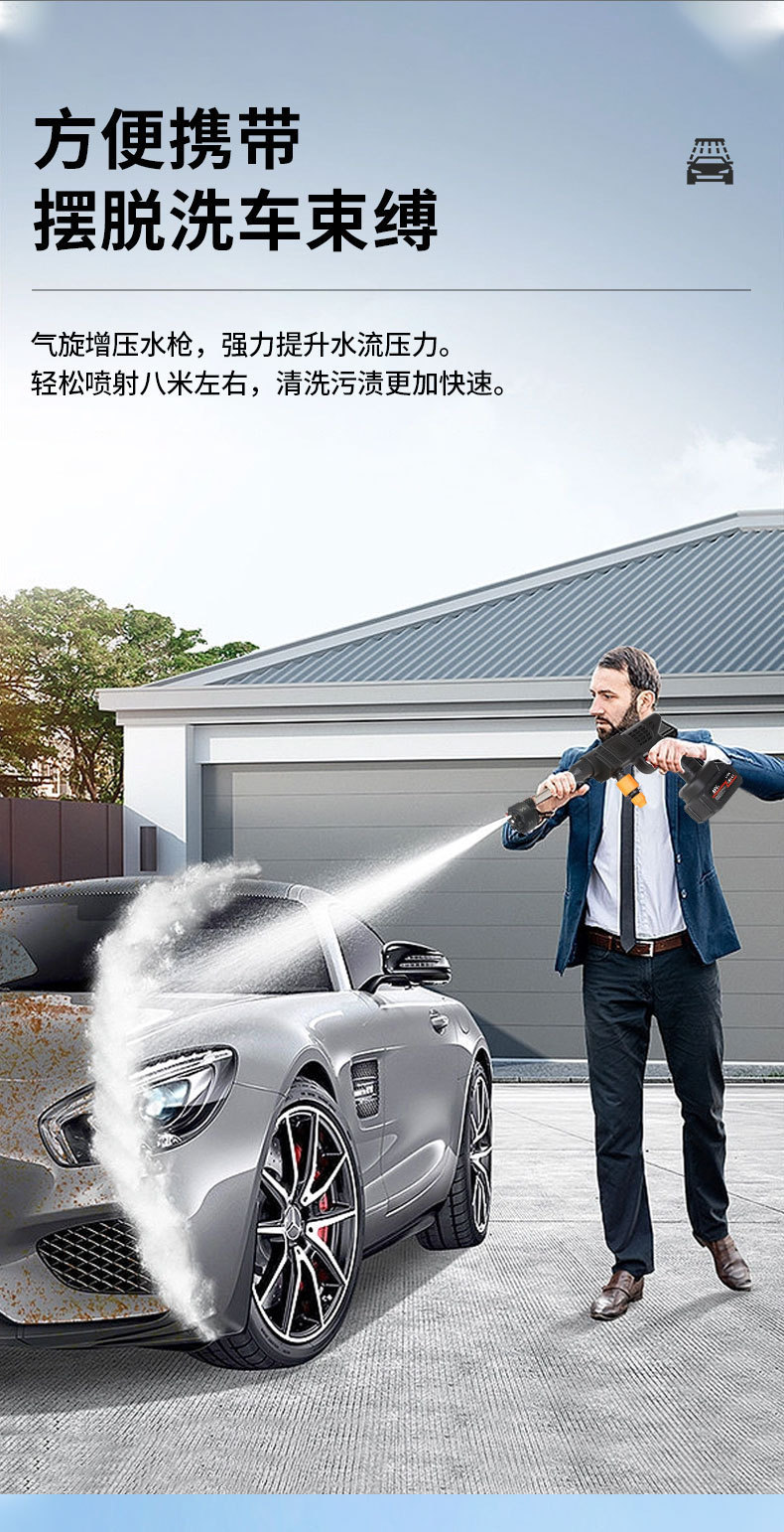 Home-use lithium battery high-pressure water gun wireless car wash machine set, rechargeable outdoor car washer