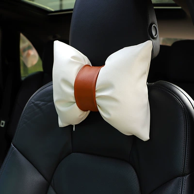 Pillow Leather Solid Color Car | Headrest - simple-leather-headrest-white-brown
