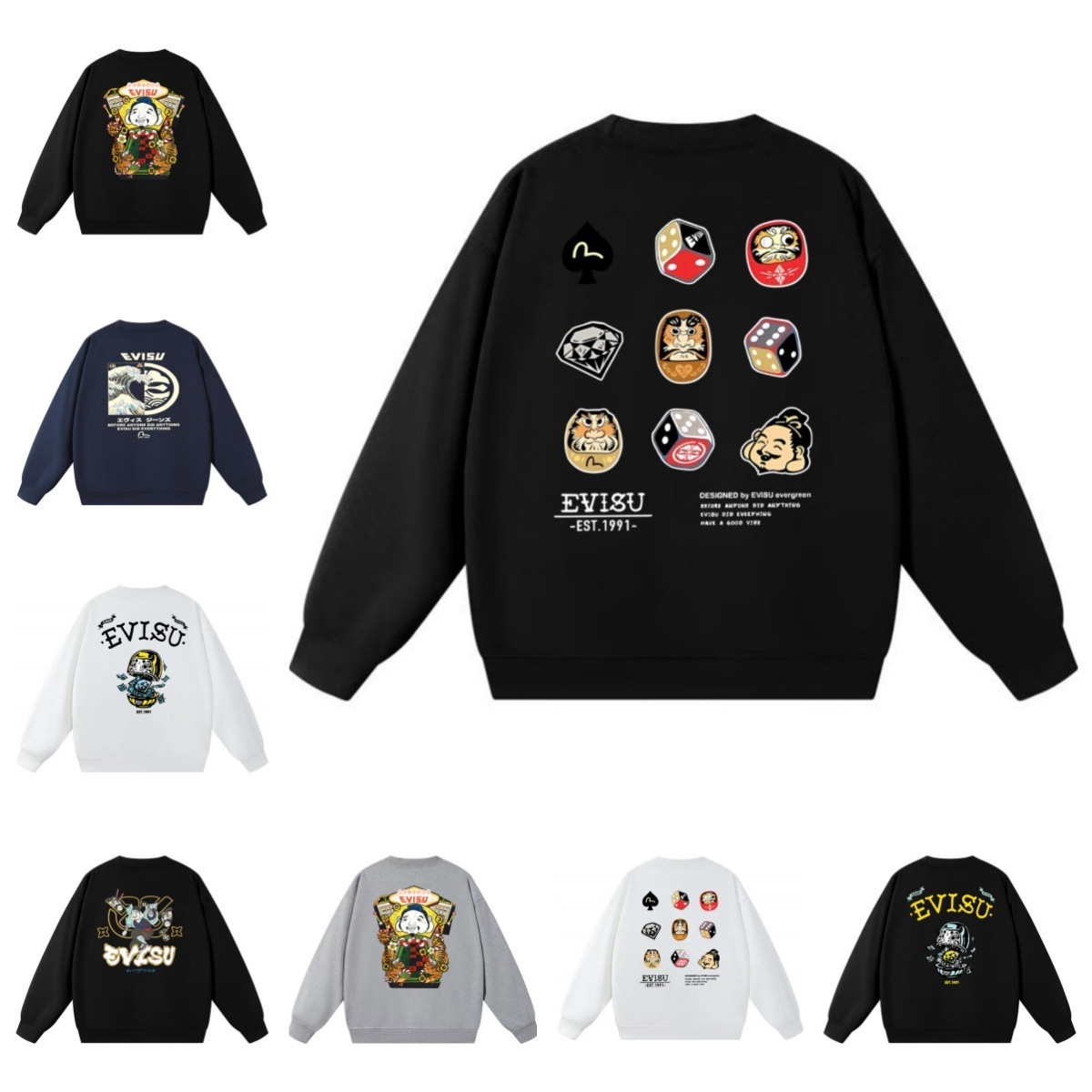 EVISU Fushen sweatshirt, autumn and winter model, with three-dimensional Daruma print, round neck, pure cotton, trendy, foreign trade, one-piece dropshipping for men and women