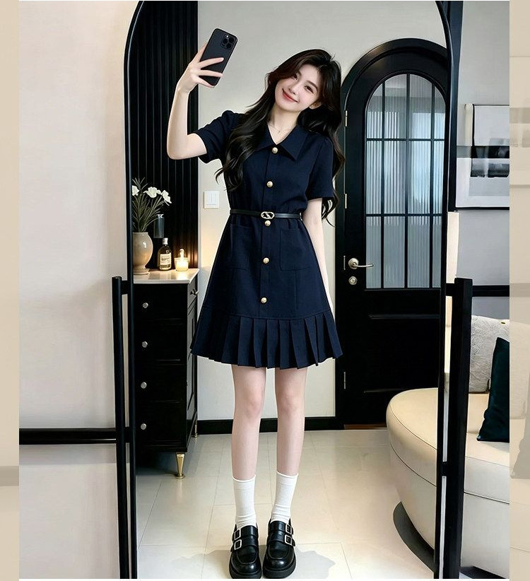 Váy ngắn tay kiểu Pháp xếp nếp thắt eo chữ A — Màu xanh da trời (thắt lưng) chi tiết 2
