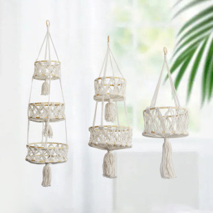 Fruit and Vegetable Storage Rack Storage Basket Cotton Rope Hand-woven Multi-layer Storage Net Bag Wall Hanging Bamboo Ring Fruit Net Bag