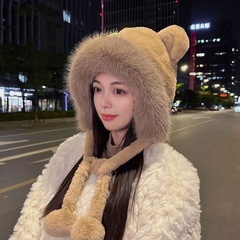 秋冬季帽子女可爱毛绒绒围巾加厚一体围脖毛绒帽骑车保暖护耳帽子