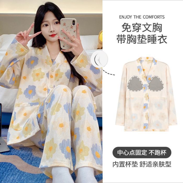 Al por mayor transfronterizo primavera y otoño nuevo algodón arrugado cardigán kimono corbata cojín de pecho pijama de manga larga ropa doméstica de dibujos animados de mujer