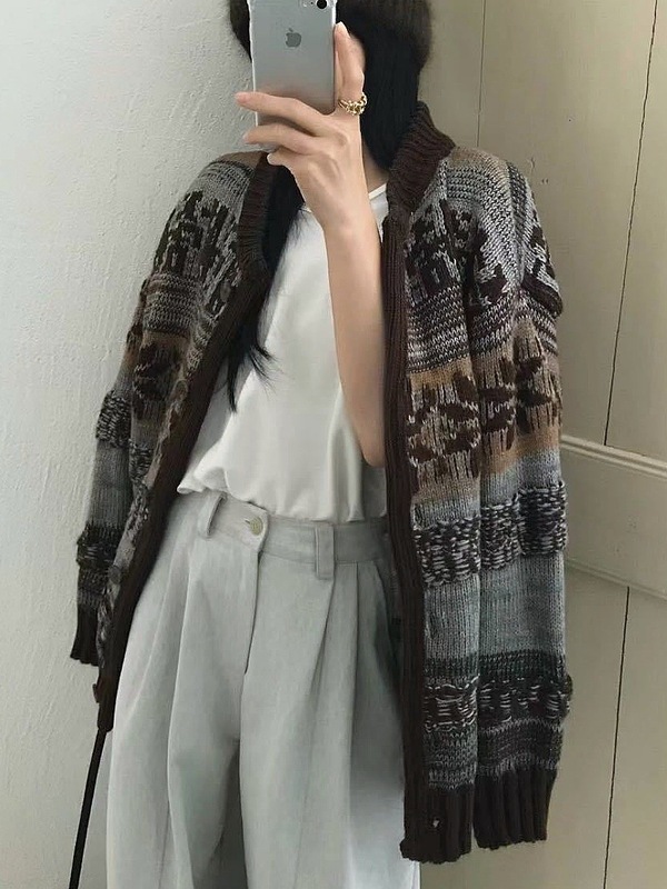 古着文艺复古风提花毛衣外套女秋冬新款费尔岛百搭针织开衫女1339|undefined