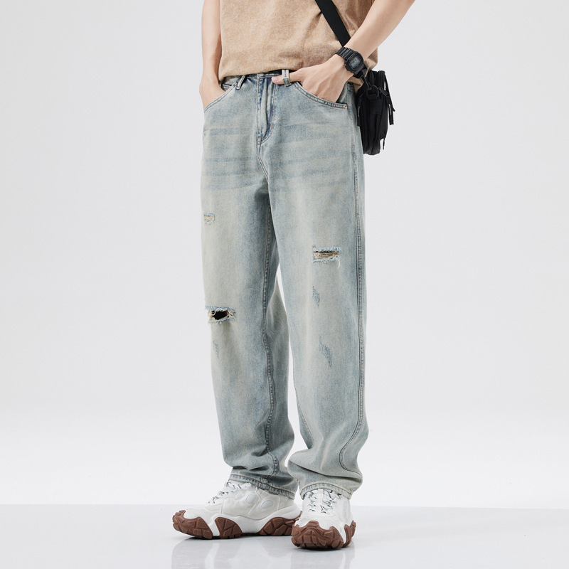 Retro ripped jeans men's fashion scraping Denim American straight fashion loose draping casual long pants men Retro ripped jeans men's fashion scraping Denim American straight fashion loose draping casual long pants men