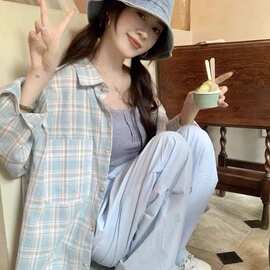 D142【实价】新款美式复古薄款格子长袖衬衫外套夏设计防晒开衫衬