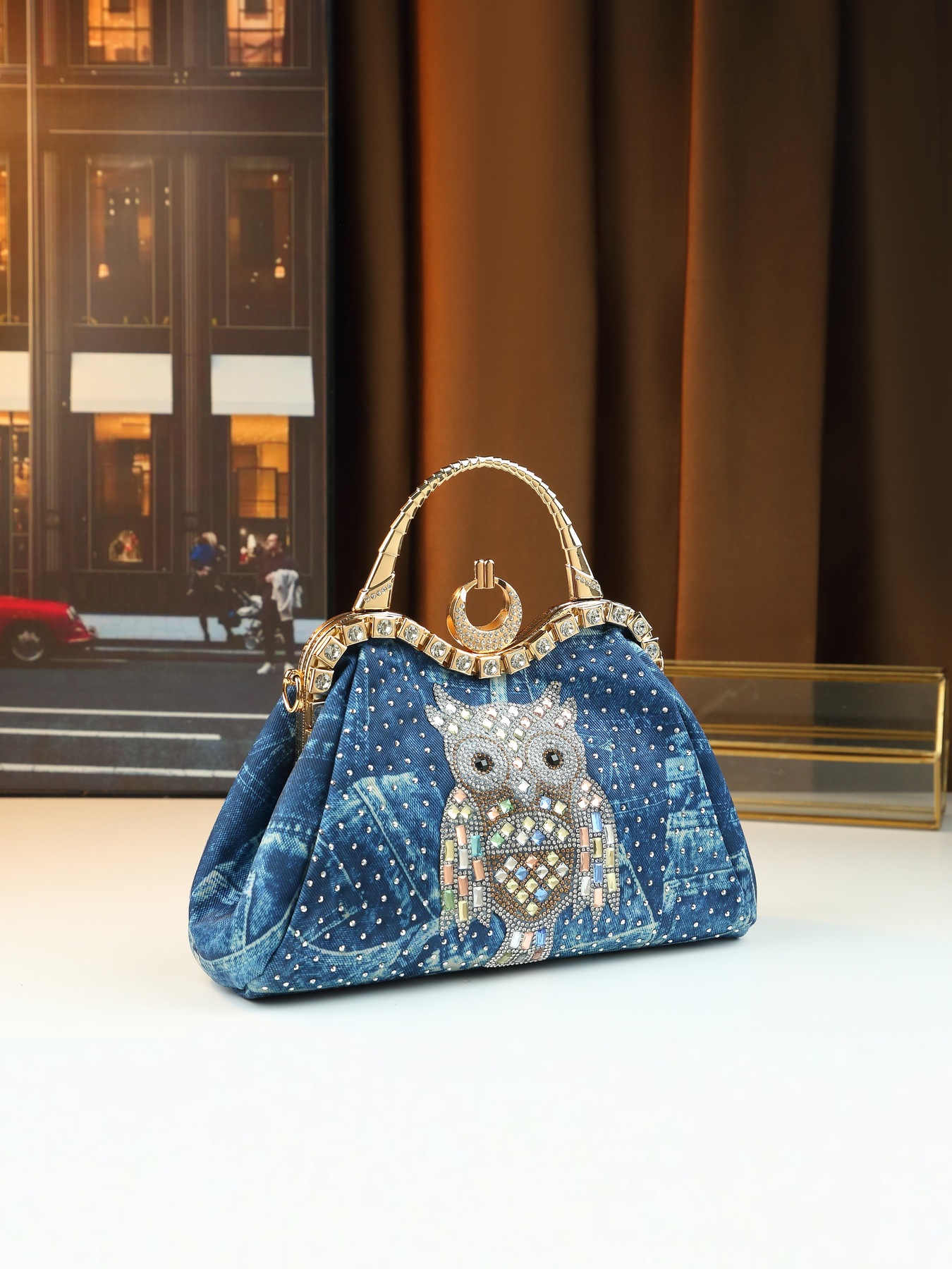 Borsa a tracolla elegante da donna in jeans con strass gufo_voghion.com