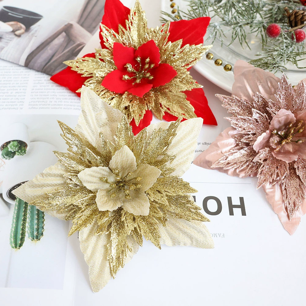 ✅Золотисто-розовые рождественские цветы, венок для украшения Christmas tree, двойной слой цветка, оптовая продажа
