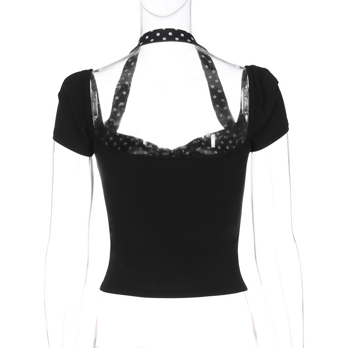 Women Clothing Spring Summer Halter Short Sleeve Backless Top Polka Dot Stitching T shirt Top