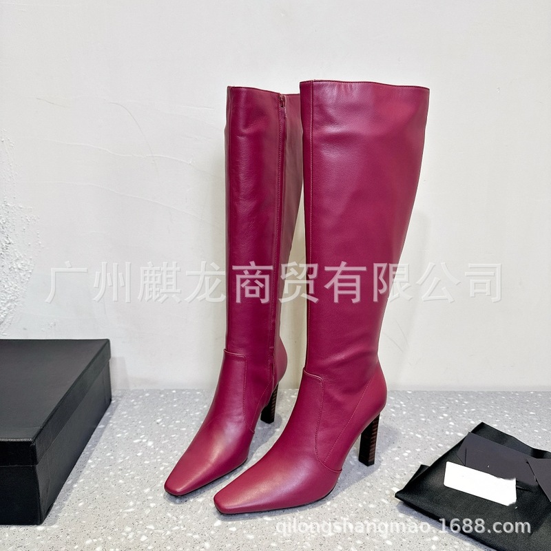 高端2025秋冬真皮小方头复古高跟侧拉链高筒显瘦不过膝长靴骑士靴|undefined