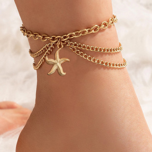 Stainless steel European and American cross-border jewelry retro design cold beach shell starfish geometric multi-layer creative anklet for women