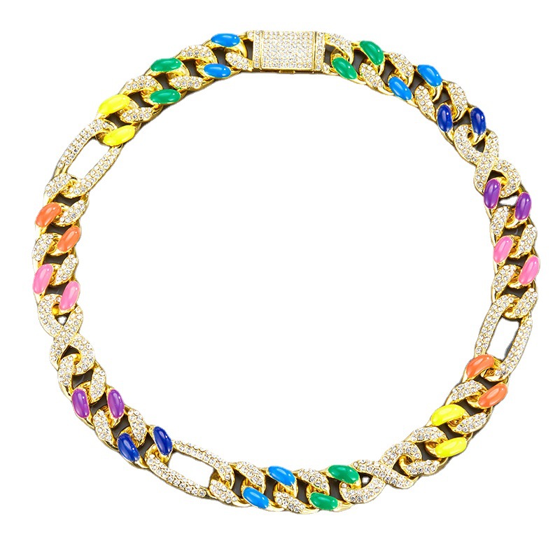 Creative and Personalized New Octagonal Colorful Oil Drop Splicing Cuban Chain Necklace Hip Hop_voghion.com