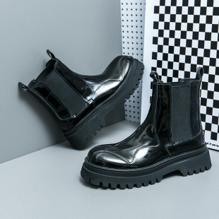 British Mid-Barrel Martin Boots Men's Trendy Genuine Leather Thick-Sole Smoke Boots Bright Black Chelsea Boots European and American High-Top Shoes for Men