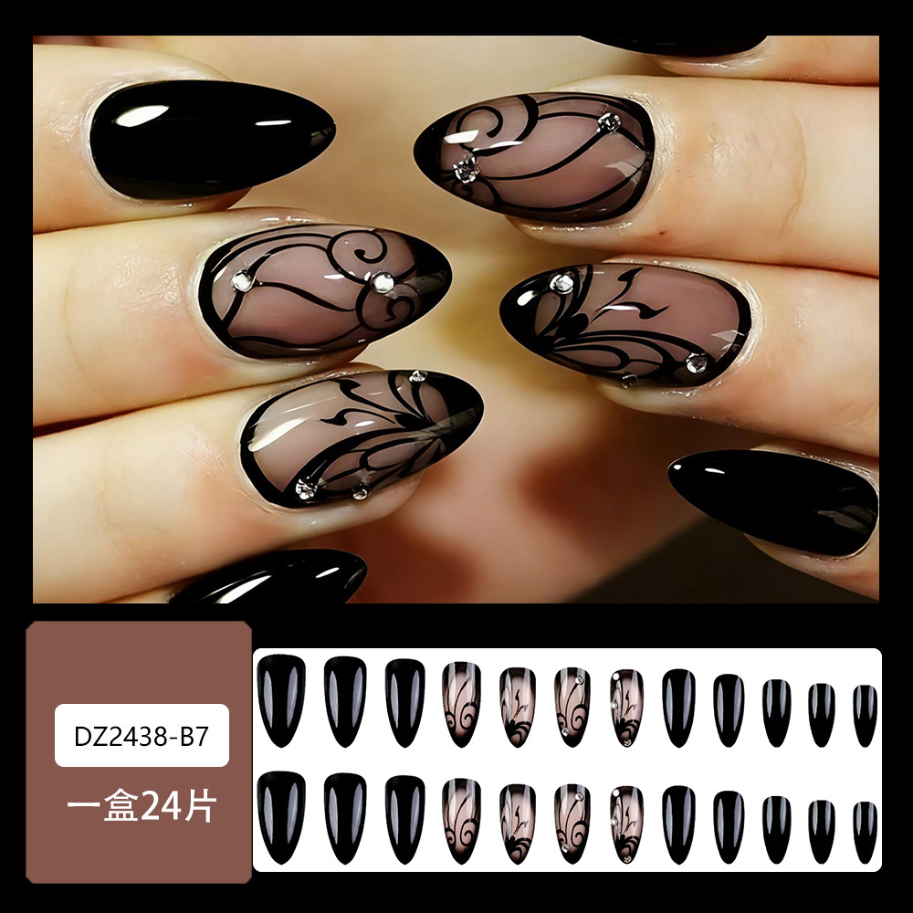 Comercio exterior oscuro vid diamante usar uñas 24 piezas calientes almendras uñas manicure blanqueamiento uñas falsas lotes mixtos